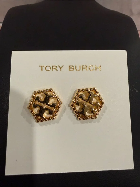 Tory Burch | Gold Plated Beaded Logo Stud Earrings | Small
