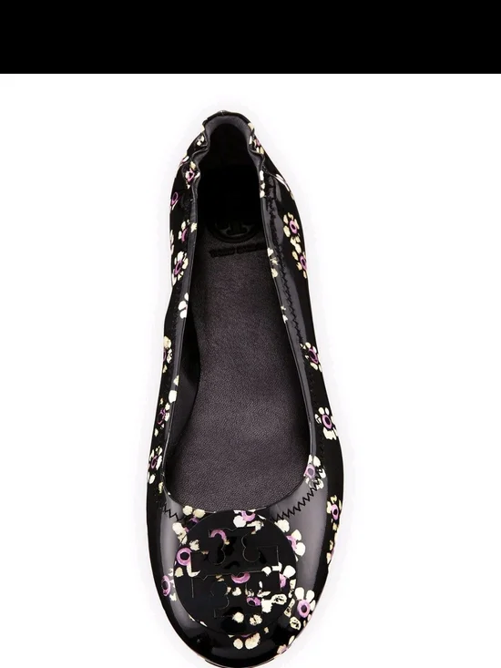 Tory Burch Black Patent Floral Ballet Flat with Logo Medallion