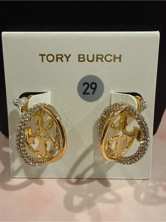 Tory Burch | Gold Plated Logo & Crystal Drop Earrings| Sm/Med