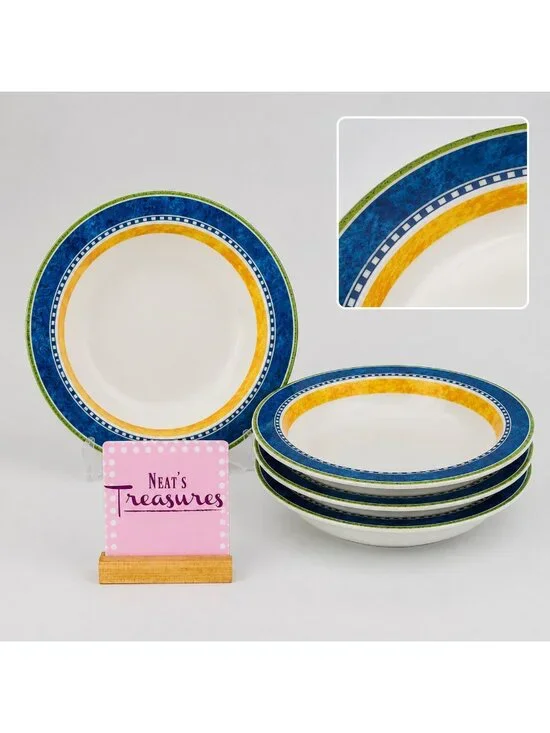 Dansk Bistro KOBENHAVN Blue Yellow Band Smooth Green Trim Rimmed Soup Bowl Set 4