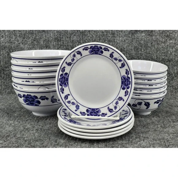 Tar-Hong Melamine Dinnerware Set 17pc White Blue Floral Bowls and Dessert Plates