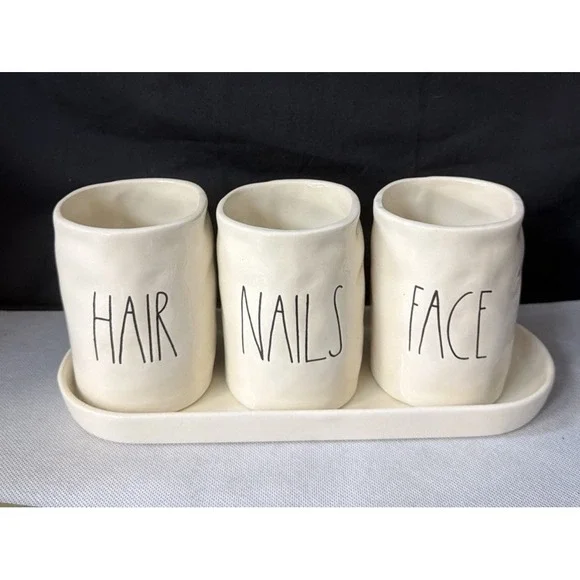 Rae Dunn FACE NAILS HAIR Cosmetic Holders Cup + Tray Long Skinny Letter Font