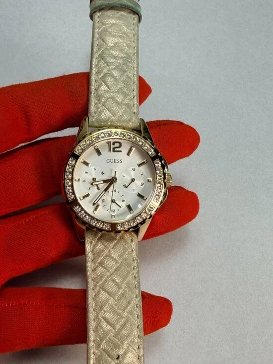 Guess Crystal Bezel Gold Tone Watch Quilted Strap Multifunction