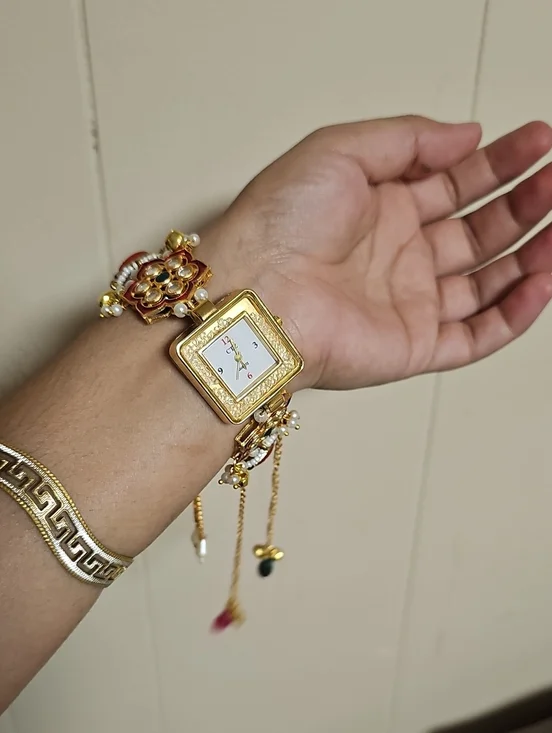 Gold-Tone Women's Bracelet Watch with Floral Kundan Accents