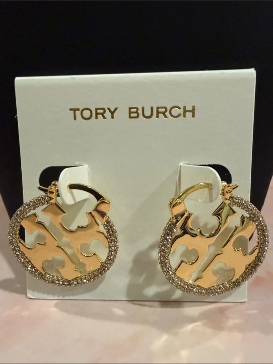Tory Burch | Gold Plated Logo Crystal-Trim Hoop Earrings