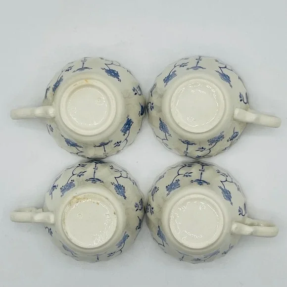 Vintage Blue and White Floral Tea Cups Set of 4 Scalloped Fluted Rim Chipped