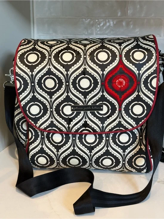Petunia Pickle Bottom Black & White Geometric Baby Bag with Red Accent
