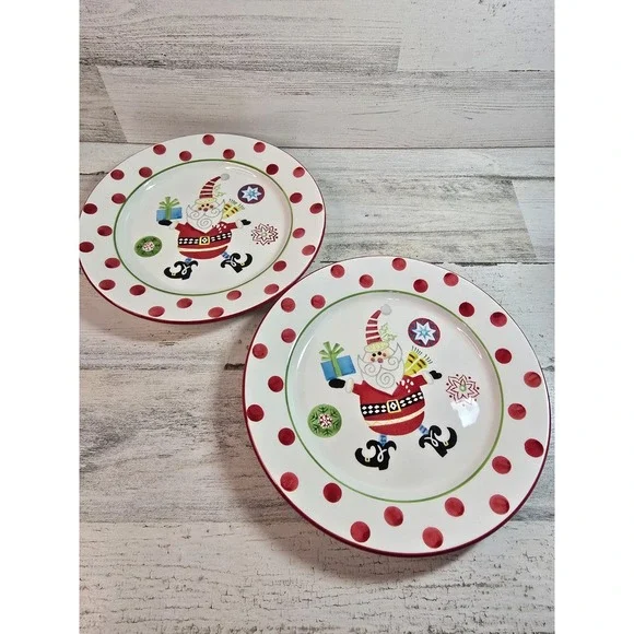 Pier‎ 1 Imports Oh What Fun Santa Salad Plates Set of 2 Red Polka Dot 8.25 in