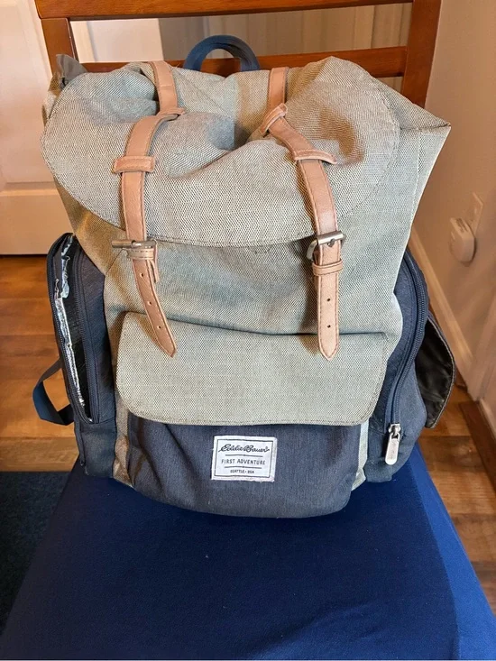 Eddie Bauer Olive and Navy Canvas Roll-Top Diaper Baby Backpack