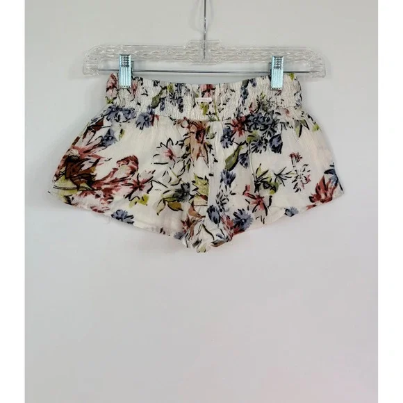 O'Neill Girls Floral Smocked Waist Shorts Cream Pink Blue Size M Beach Tropical