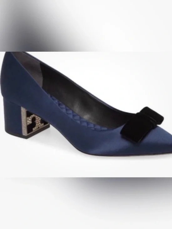 TORY BURCH Gigi Bow Block Heel Pump Satin & Velvet Jeweled Logo Blue Black 9.5