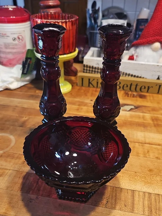 Ruby Red Pressed Glass Candy Dish with Matching Candle Holders Avon Cape Cod