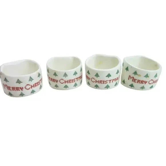 Vintage Ceramic Christmas Tree Napkin Ring Holders White Green Set of 4 Vtg