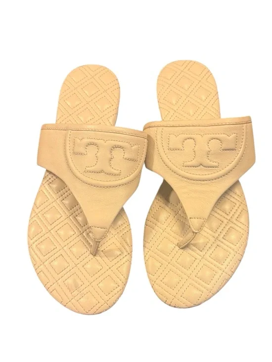 Tory Burch Fleming White Cream Quilted Leather Thong Sandals Logo Size 6
