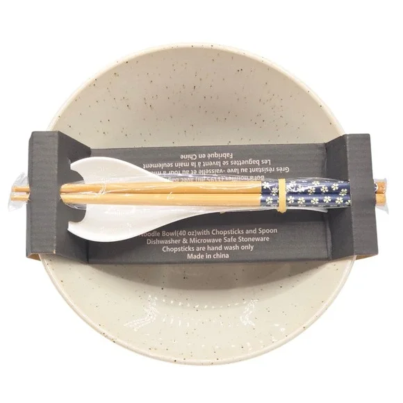SH Home 40oz Ceramic Ramen Noodle Bowl‎ Set Cream Speckled w/ Chopsticks & Spoon