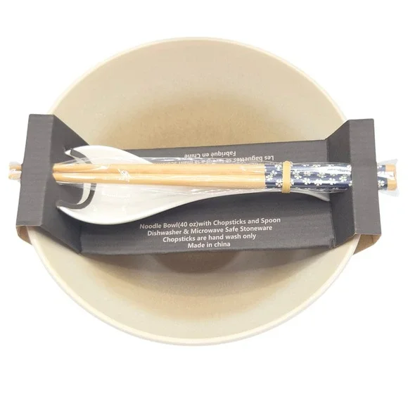 SH Home 40oz Ceramic Ramen‎ Noodle Bowl Set Cream Tan with Chopsticks And Spoon