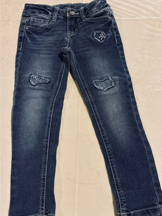 Wonder Nation Girls Size 5 Dark Wash Blue Skinny Jeans Stretch Ripped Adjustable
