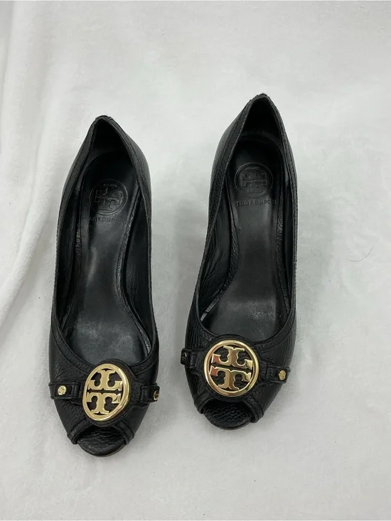 Tory Burch Black Leather Peep-Toe Heels with Gold Logo Medallion B47