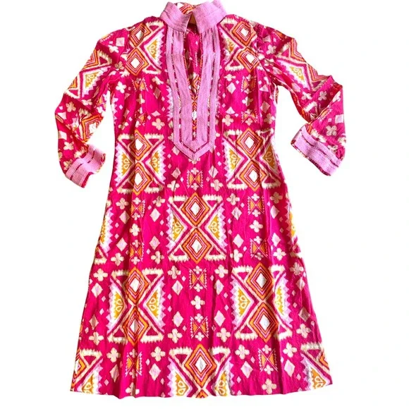 $349‎ TORY BURCH 0/XS Pink Ikat Geometric Cotton Tunic Dress Long Sleeve Resort