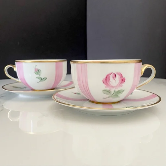 SET of 2 Pink Rose Cups & Saucers - Marie Daage Limoges