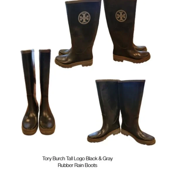 Tory Burch Tall Logo Black & Gray Rubber Rain Boots