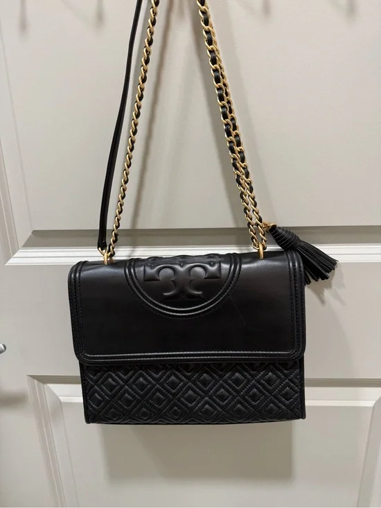 Authentic Tory Burch Black Quilted Leather Shoulder Bag with Tassel and Gold