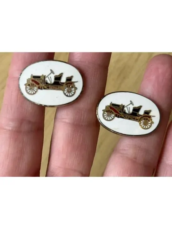 Old Vintage Classic Cars Trucks White Gold ENAMEL Cuff Links antique auto cars