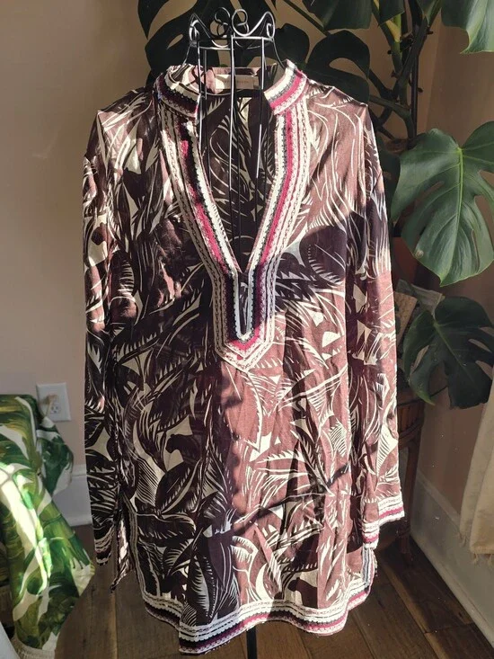 Tory Burch Brown White Leaf Print Embroidered Trim Cotton Tunic Blouse 14 EUC