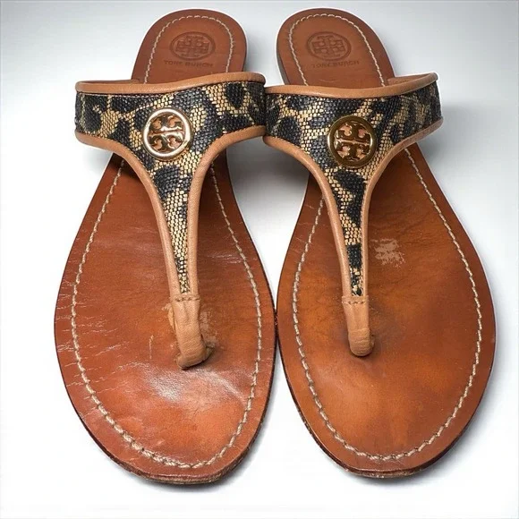 TORY BURCH Cameron Black Leopard Print Gold Logo Sandals Women's Size 9