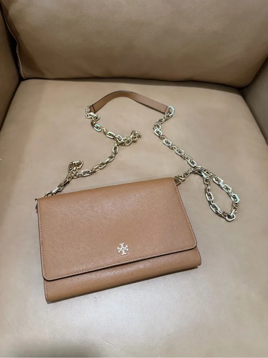 Tory Burch Tan Leather Chain Crossbody with Gold Hardware