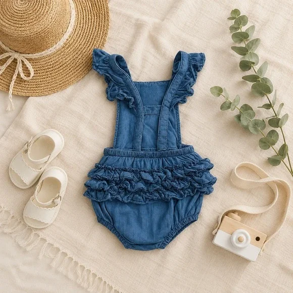 RuffleButts Baby‎ Girl Denim Ruffle Bubble Romper Sunsuit 12-18M
