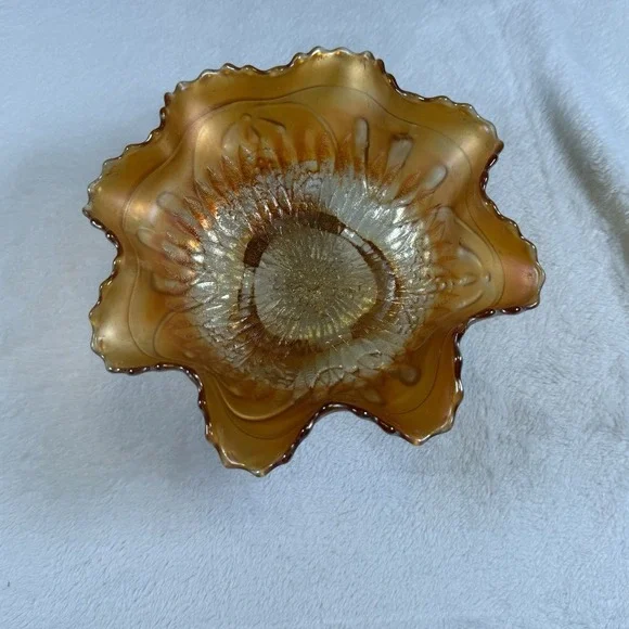 Vintage Carnival Glass Marigold Footed Ruffled Bowl Floral Iridescent 7 Inch