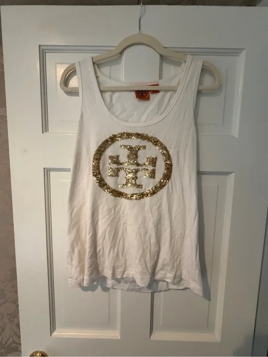 Tory Burch White Tank with Gold Sequin Emblem Xl crystals