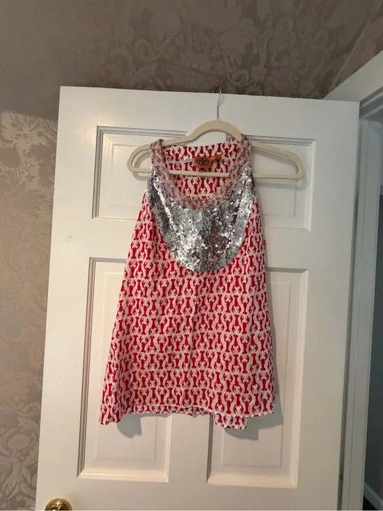 Tory Burch Red and Silver Sequin Scoop Neck Top Lobster 12 L