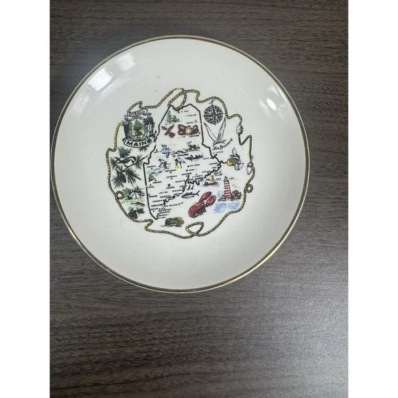 maine‎ decorative plate Vintage Maine Souvenir plate Ironstone USA state map