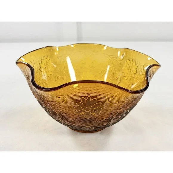 Vintage Tiara Indiana Glass Amber Sandwich Daisy Crimped Ruffled Bowl 10