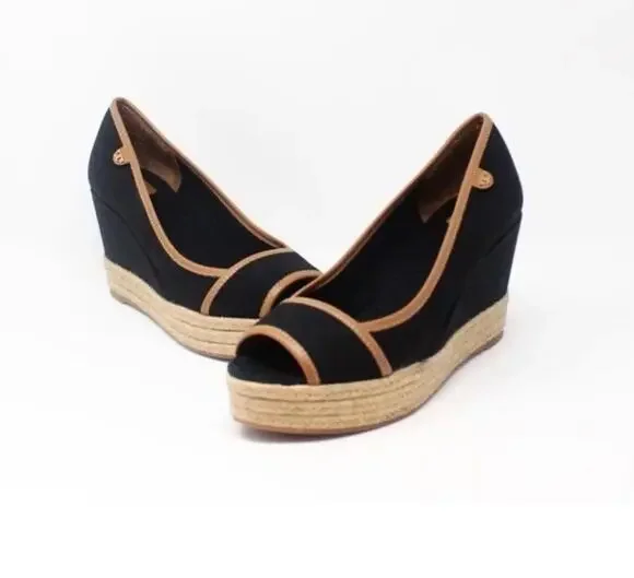 Tory Burch Majorca Espadrille Wedge Women's Size 6.5 Black Brown Peep Toe