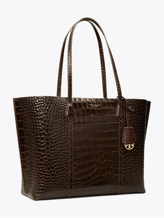 Tory Burch Perry Croc Embossed Three Compartment Tote Bag Leather Brown