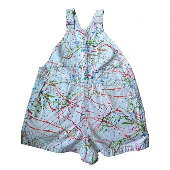 Vintage Esprit Kids Paint Splatter Shortalls White Denim Overalls Size 10 90s