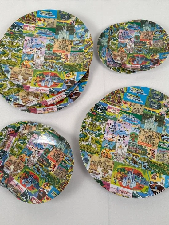 10 Disney Vintage Map EUC White Melamine Plates with Castle Logo