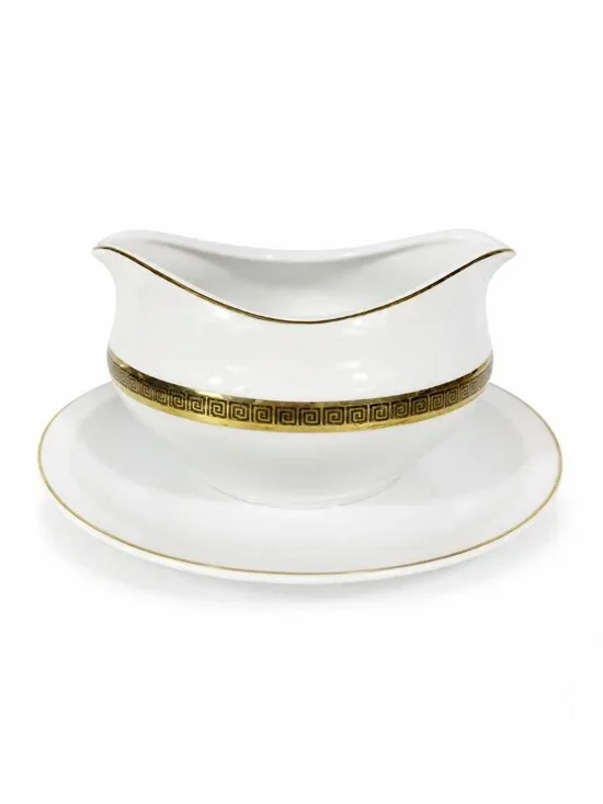 Gravy Boat Saucer Key Largo by Meito Black Greek Key On Gold Band Royal M Japan