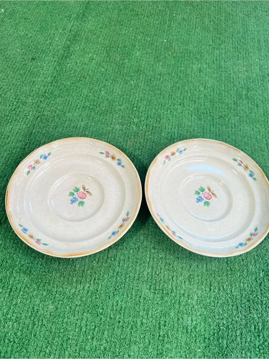 26 International Cream Saucer Plates with Pastel Fruit Motif and Gold Edge