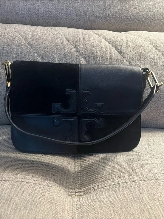 Tory Burch Blue Leather and Suede Logo Shoulder Bag