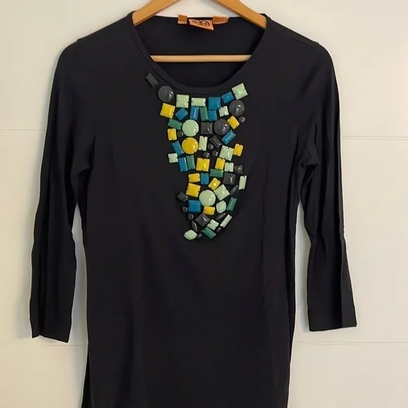 Tory Burch Razi Beaded Navy 3/4 Sleeves Stretchy Embellished Top Career Office S