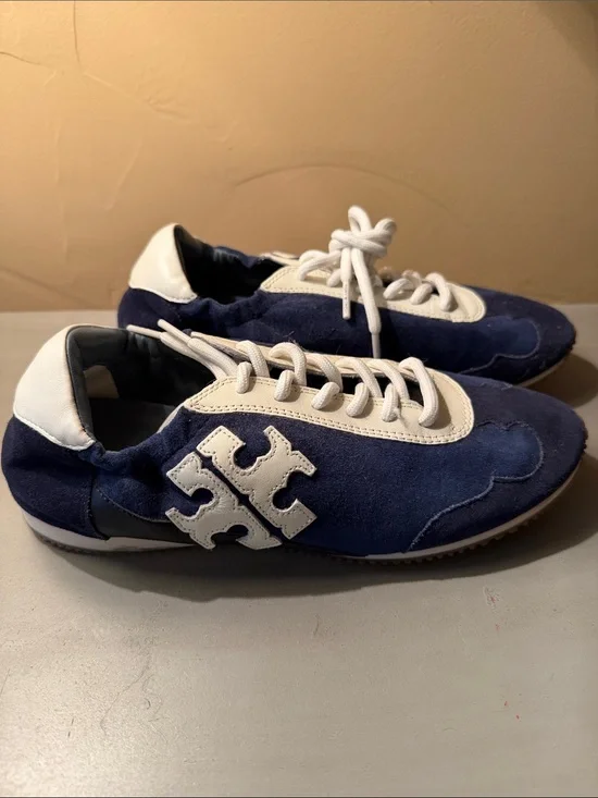 Brand New Tory Burch Navy and White Suede Logo Sneakers