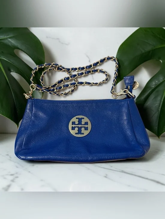 Tory Burch Royal Blue Pebbled Leather Chain Strap Crossbody