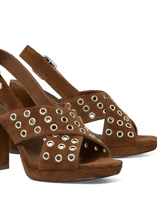Tory Burch Cross Band Brown Suede Grommet Slingback Block Heels 7.5