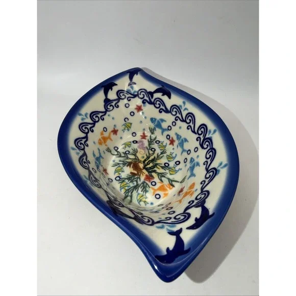 Boleslawiec Polish Pottery Bowl Marine Hand Made UNIKAT Green & Blue Poland