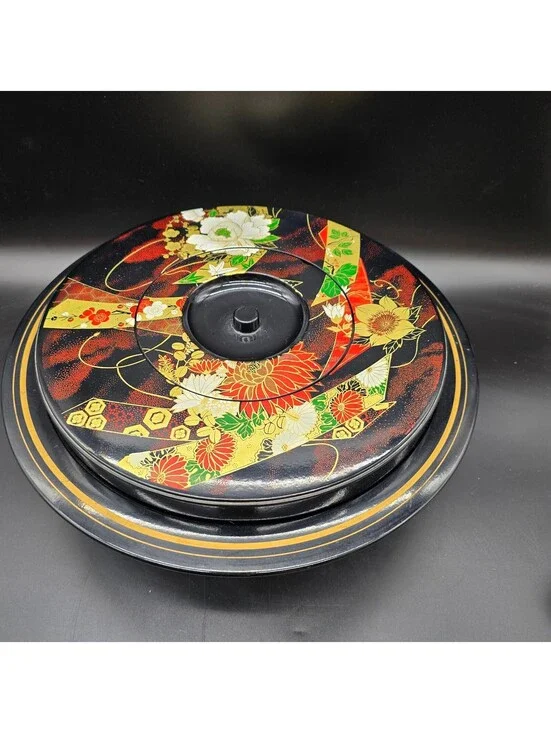 Vintage Japanese Lacquerware Lazy Susan Serving Set Peony Floral 7pc Complete