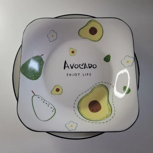 Avocado Enjoy Life Plate Bowl Dish Set‎ 3 Piece Raise Side Green Ceramic Toast